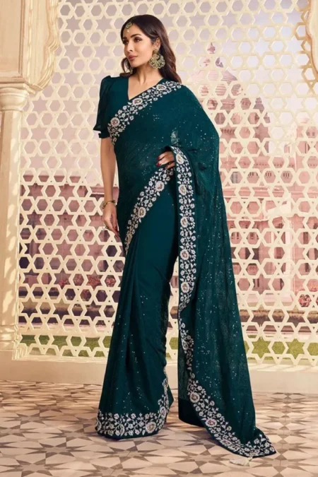 Bottle green faux georgette embroidery saree (1)