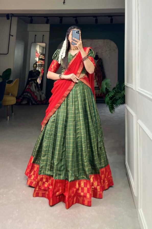 Green chex zari weaving work lehenga choli (1)