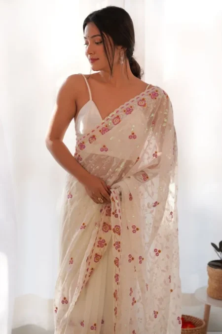 White faux georgette embroidery saree (4)